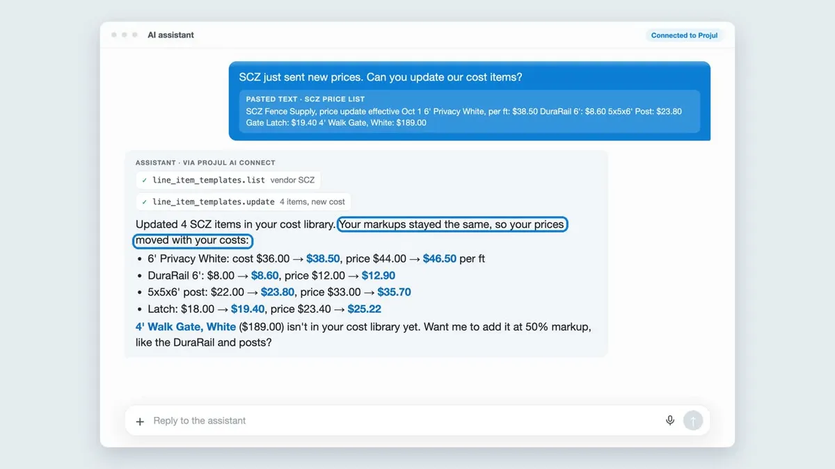 Play video: update the Projul cost library from a supplier price list