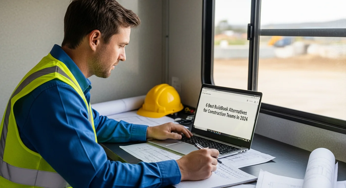 Construction team reviewing project management software on a tablet at a job site