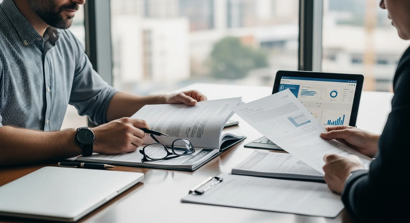 Small contractor reviewing a construction estimate on a laptop at a job site