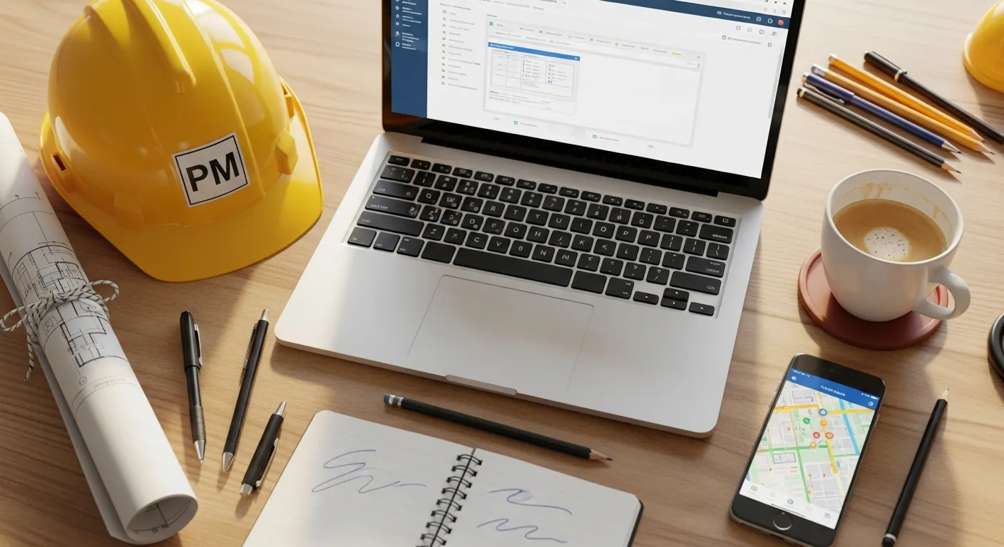 Construction manager reviewing project management software on a tablet at a jobsite