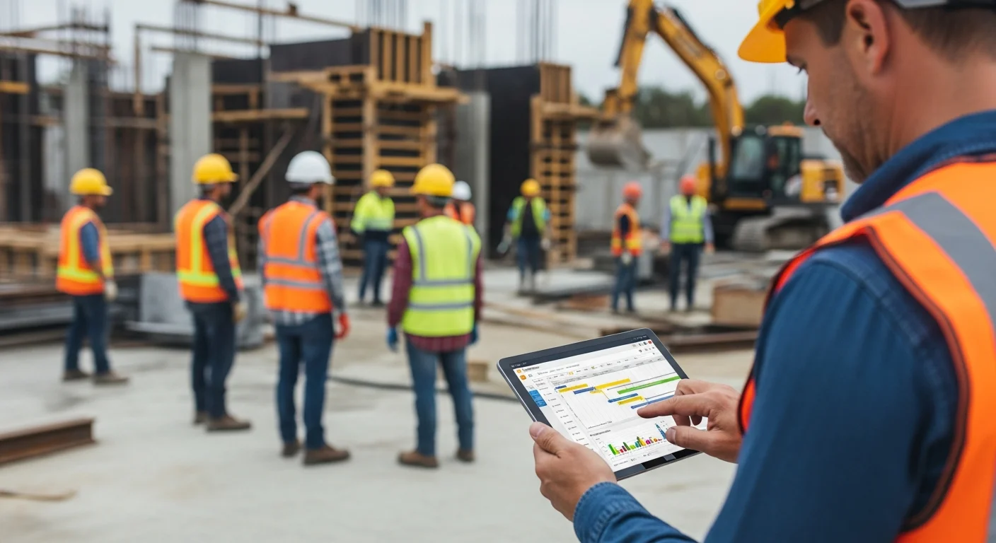 Construction project manager using scheduling software on a tablet at a busy job site