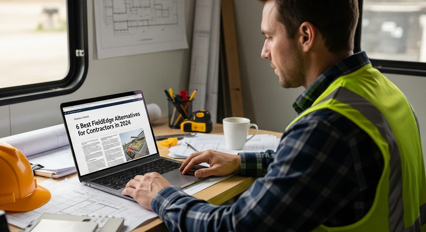 Contractor comparing field service software options on a tablet