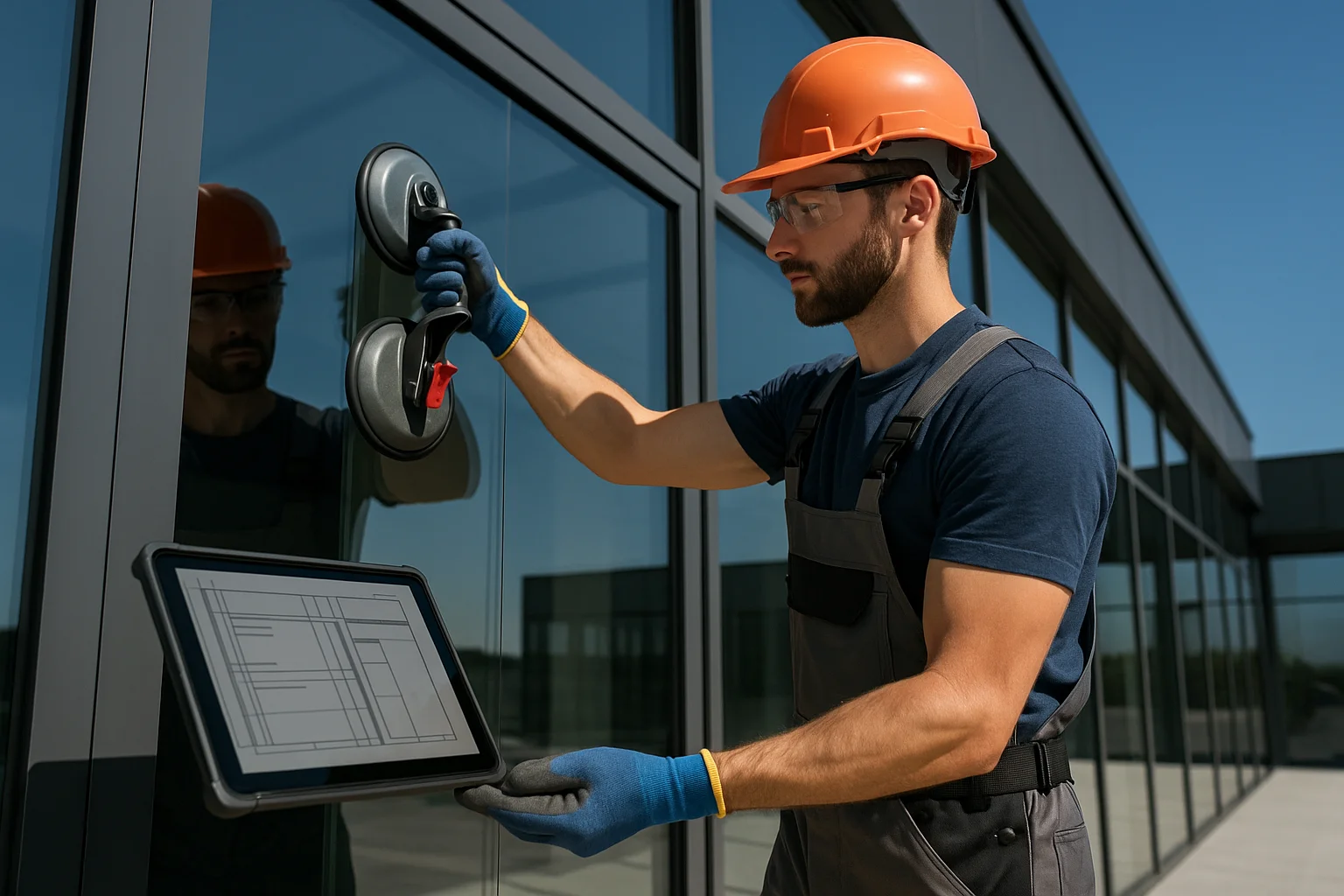 Glass contractor using tablet software on a job site with glass panels in background