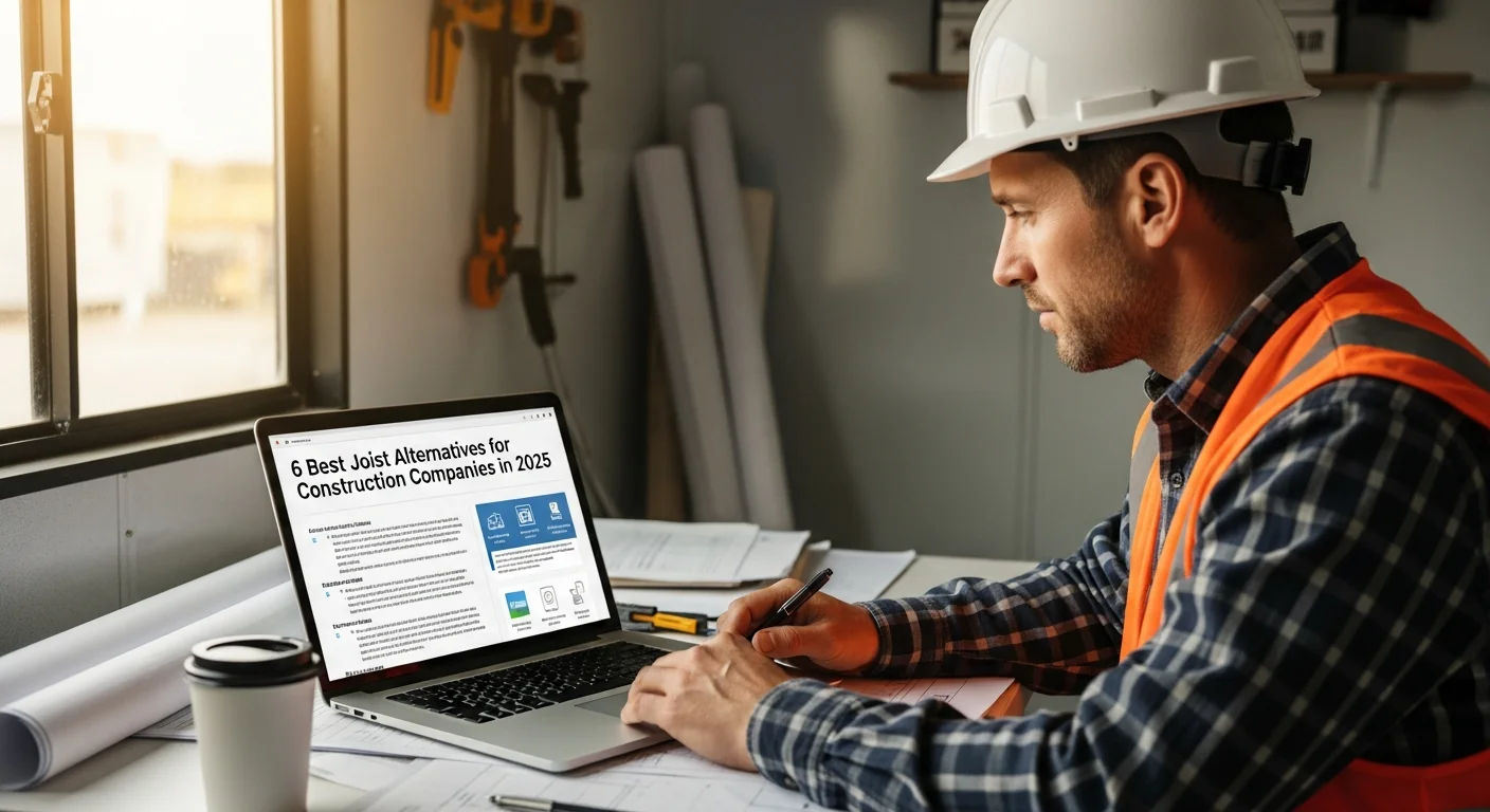 Construction contractor reviewing Joist alternatives on a tablet at a job site