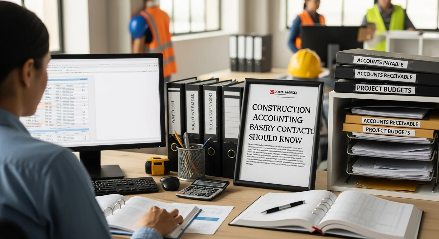 Contractor reviewing construction accounting reports at a desk with blueprints