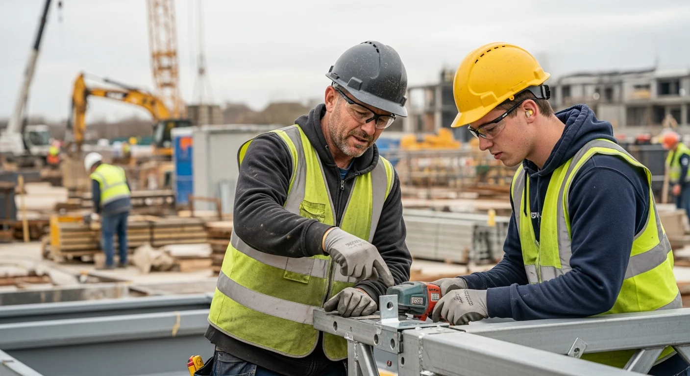 Construction apprentice learning from a mentor on a job site
