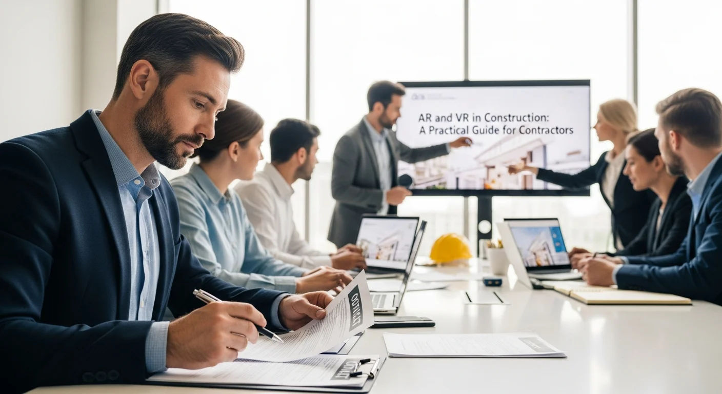 Construction worker using augmented reality headset on a job site to visualize building plans