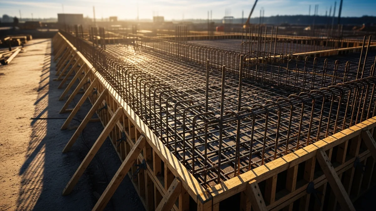 Basement excavation site with foundation walls being formed
