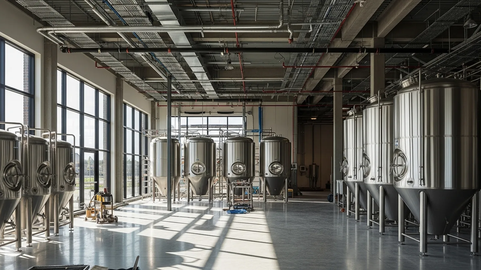 Brewery construction project with stainless steel tanks and concrete floor