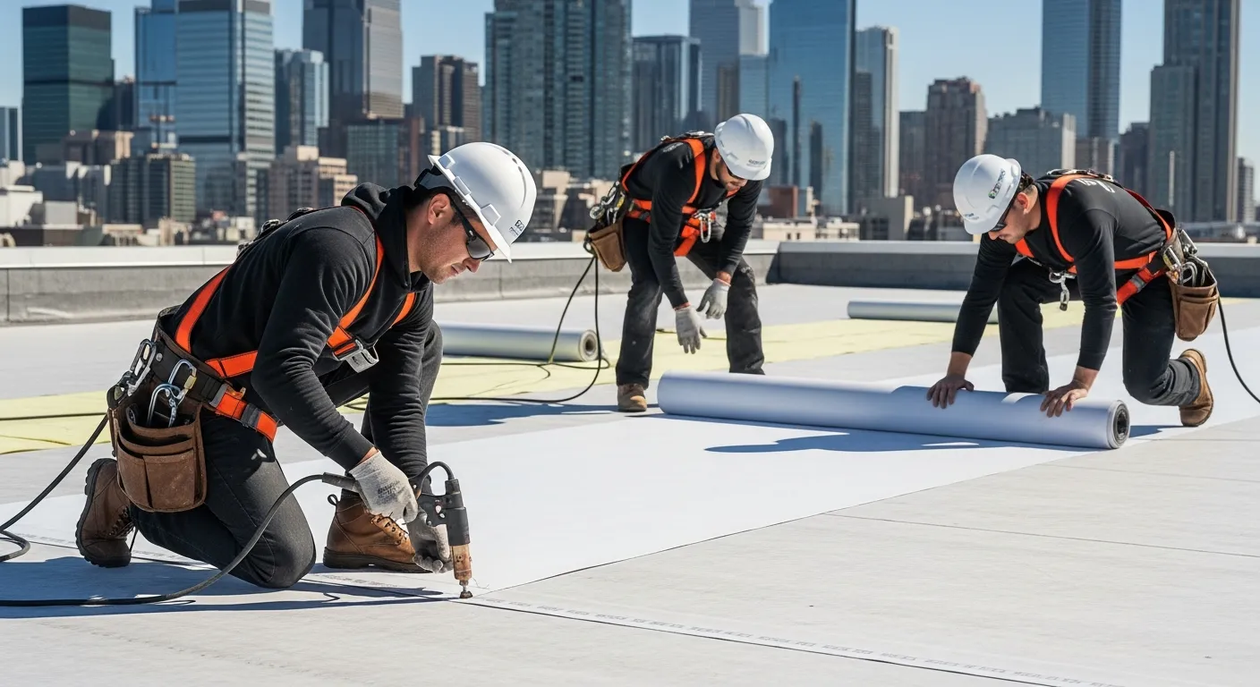 Commercial flat roof with built-up roofing layers visible during installation