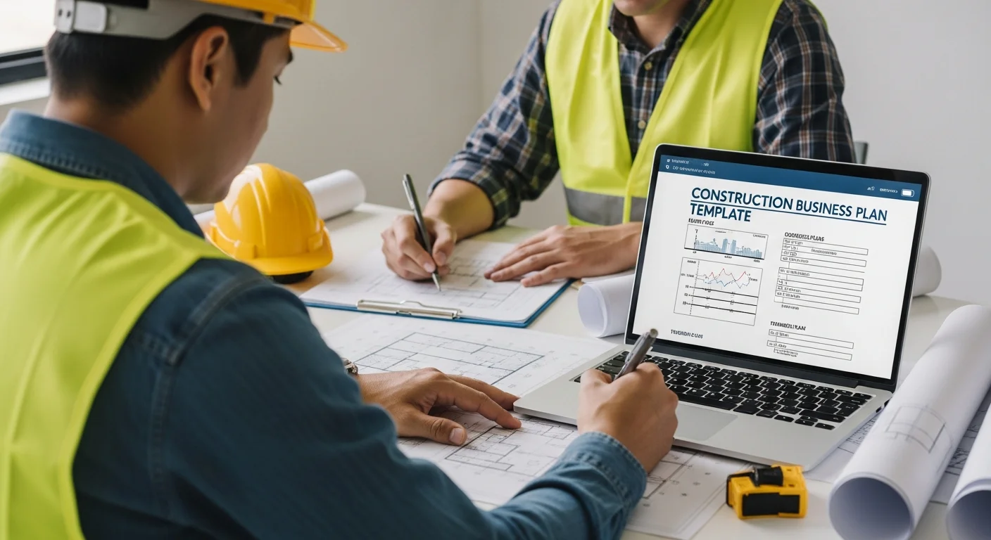 Contractor reviewing a construction business plan at a desk with blueprints
