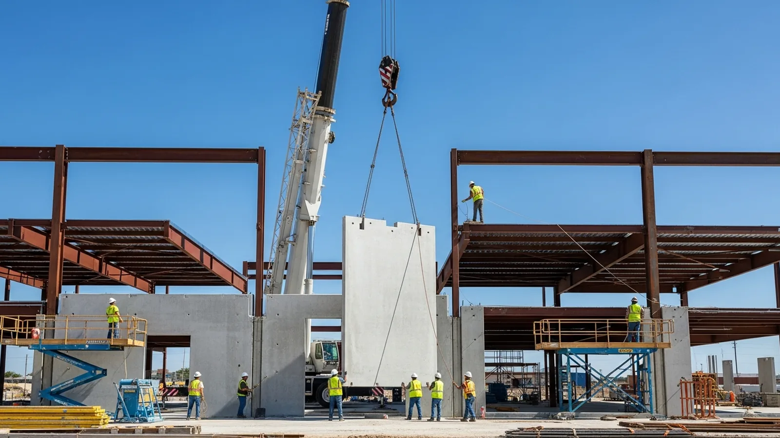 Concrete tilt-up panel being lifted by crane on construction site