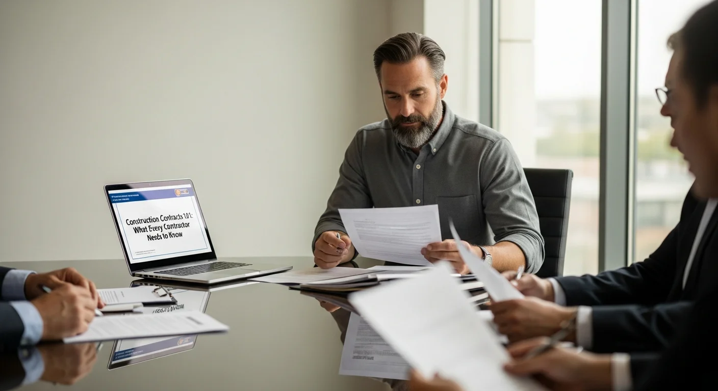 Contractor reviewing construction contract paperwork at a desk