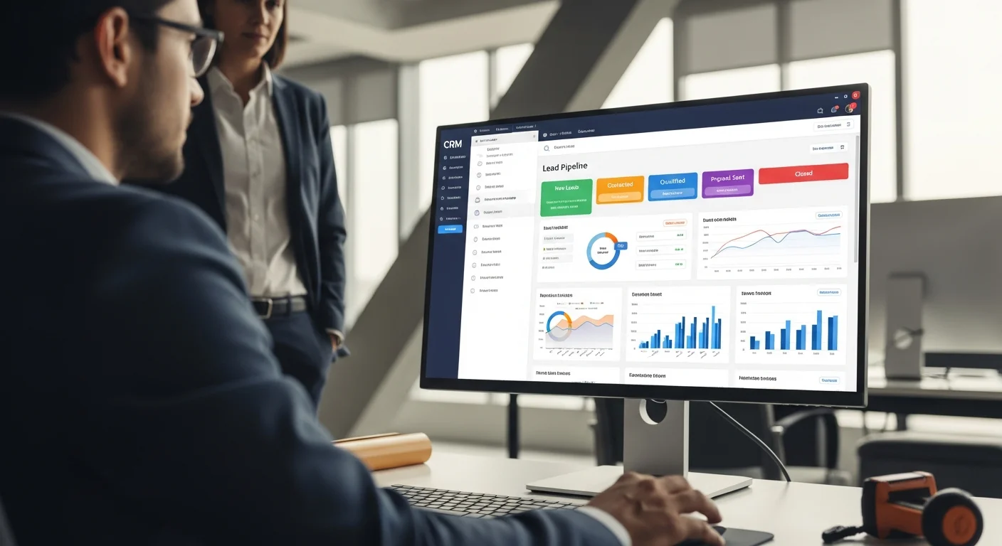 Contractor reviewing lead pipeline on a tablet at a construction site