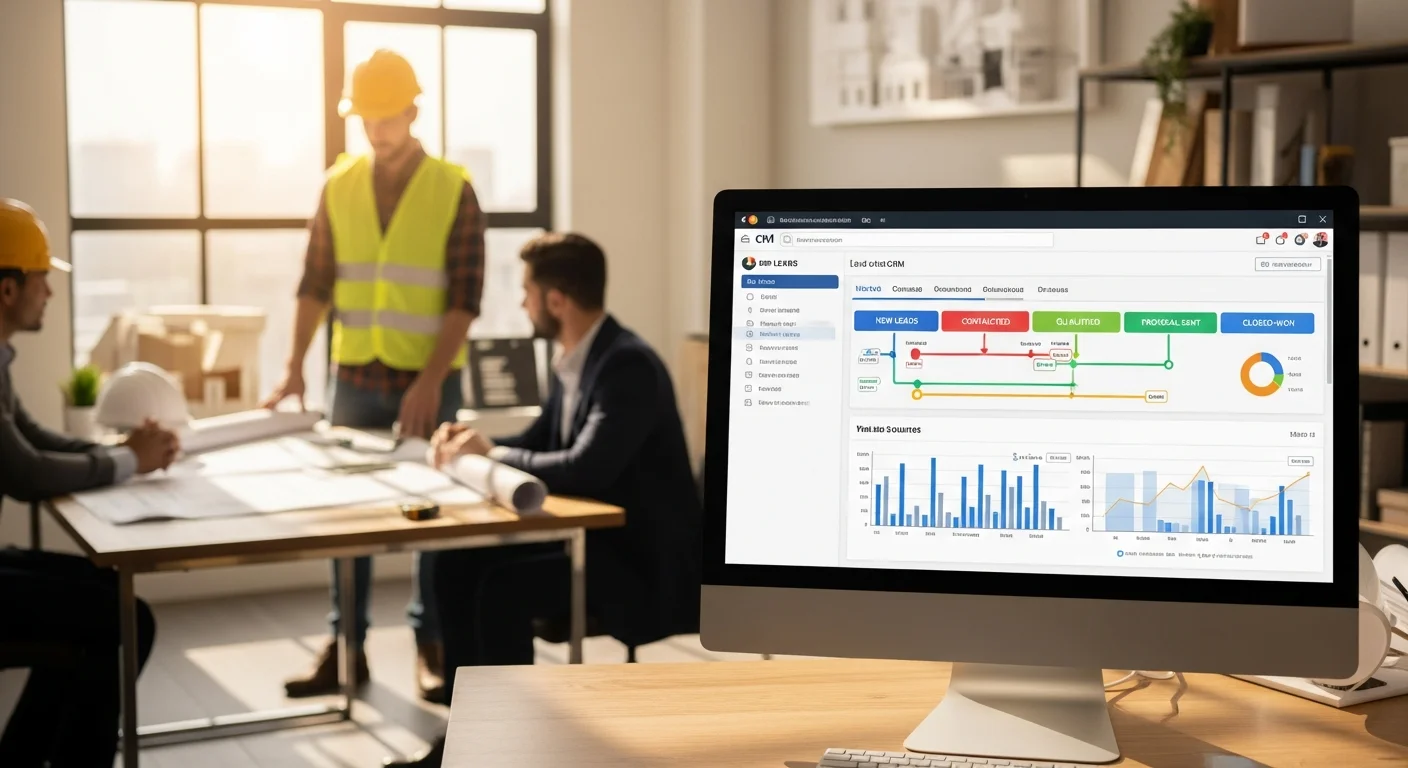 Split screen showing a generic CRM interface versus a construction-specific CRM with job details