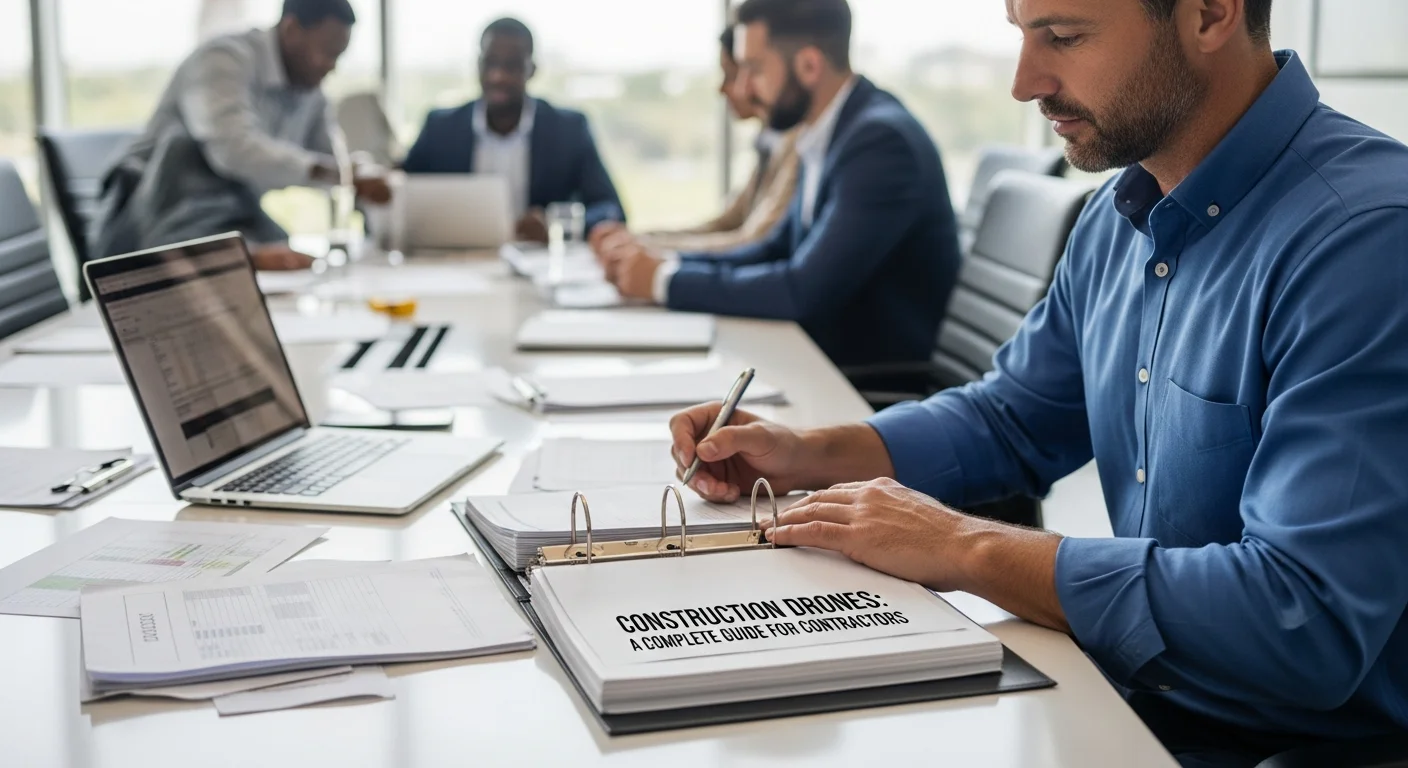 Drone flying over an active construction site capturing aerial photos for progress documentation