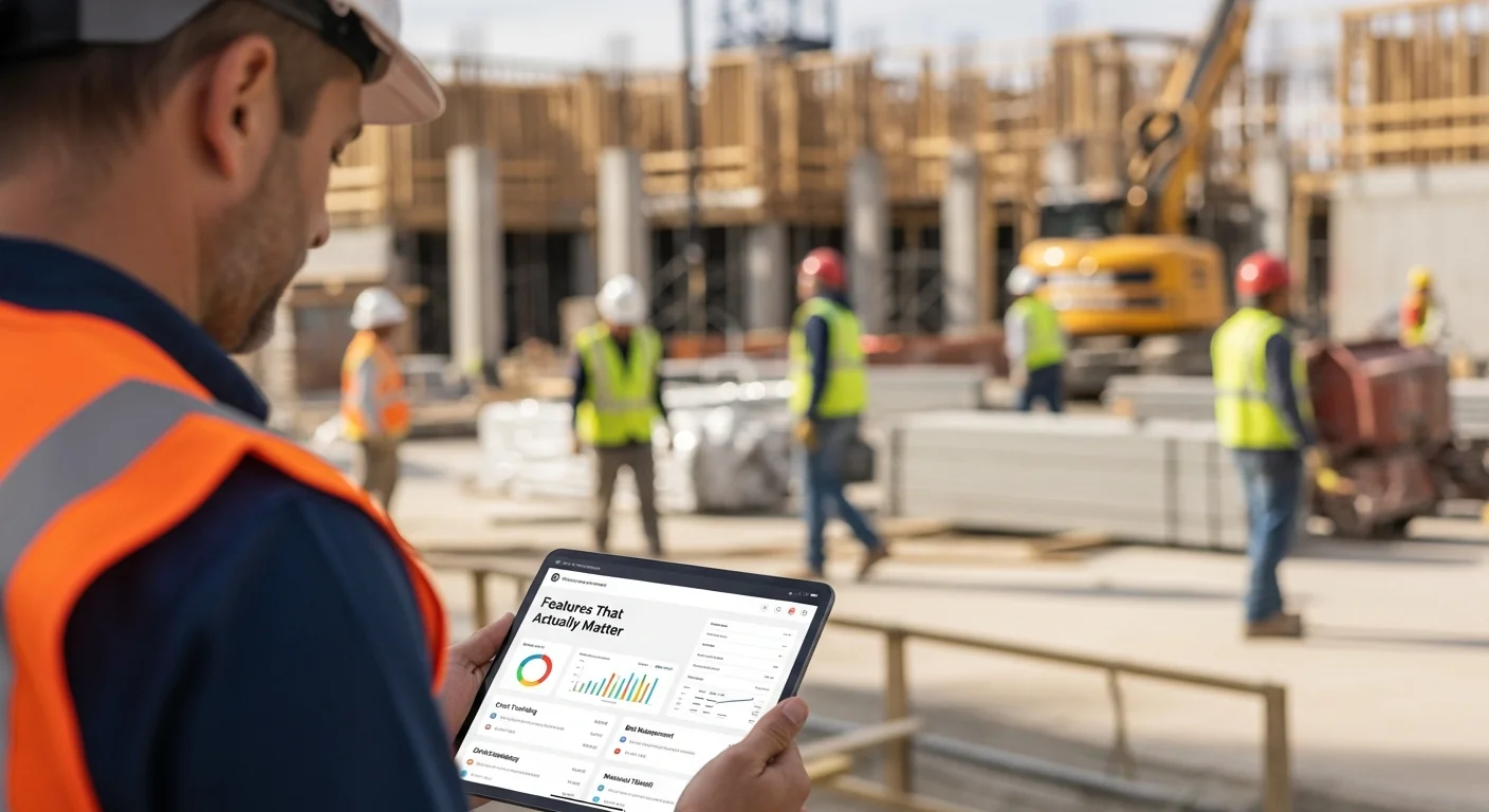Contractor building a detailed construction estimate on a laptop with blueprints nearby