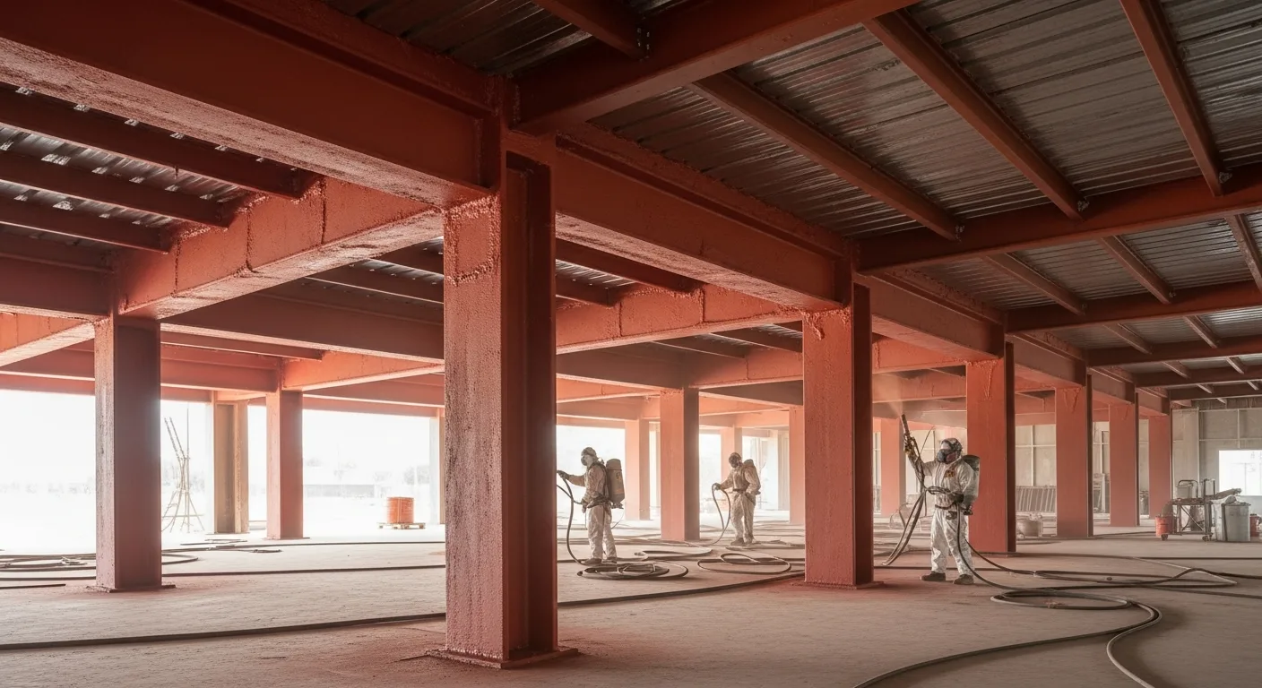 Intumescent coating applied to structural steel beams in a commercial construction project