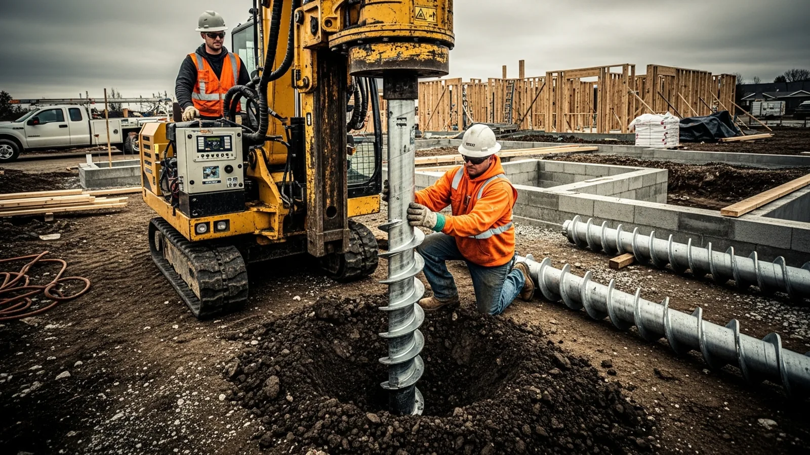 Helical pile screw foundation being installed on a construction site