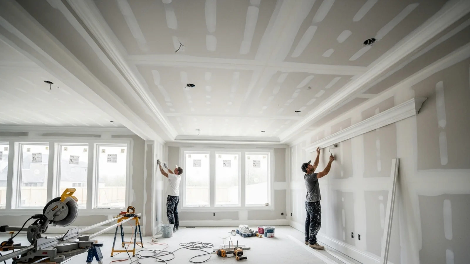 Interior finishing work showing painted walls and trim carpentry