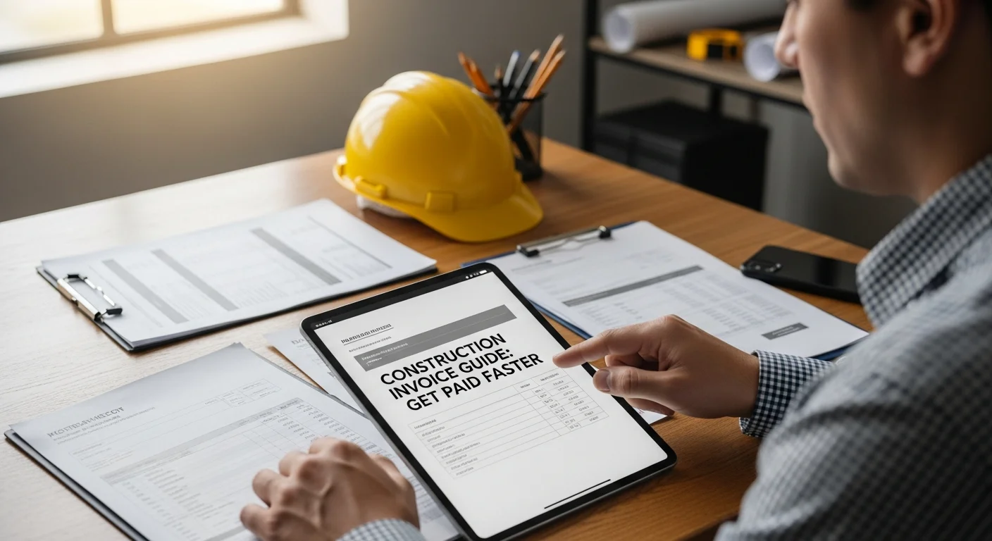 Construction contractor reviewing invoices and payment documents at a job site office
