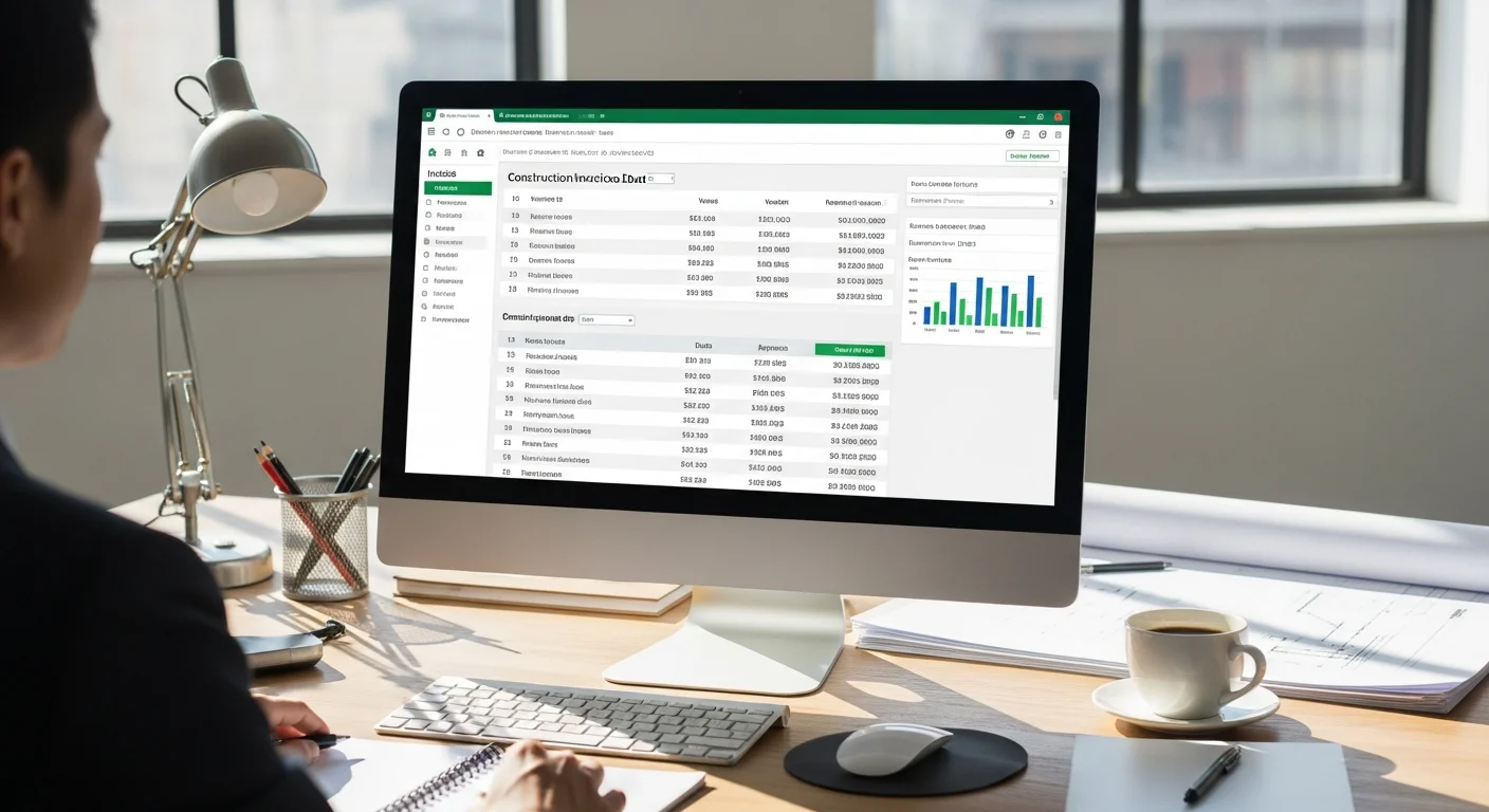 Construction invoice being synced between invoicing software and QuickBooks on a computer screen