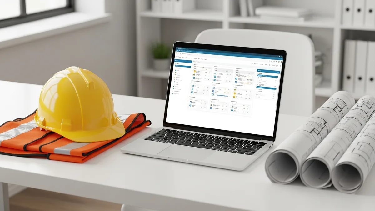 Landscaping contractor outside using tablet, digger in background