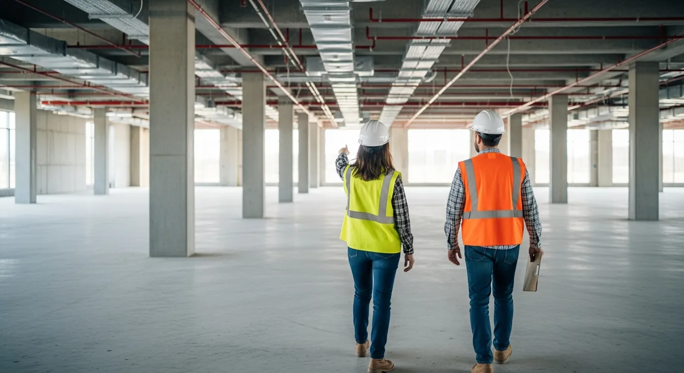 Contractor reviewing plans during a pre-bid site visit at a construction project