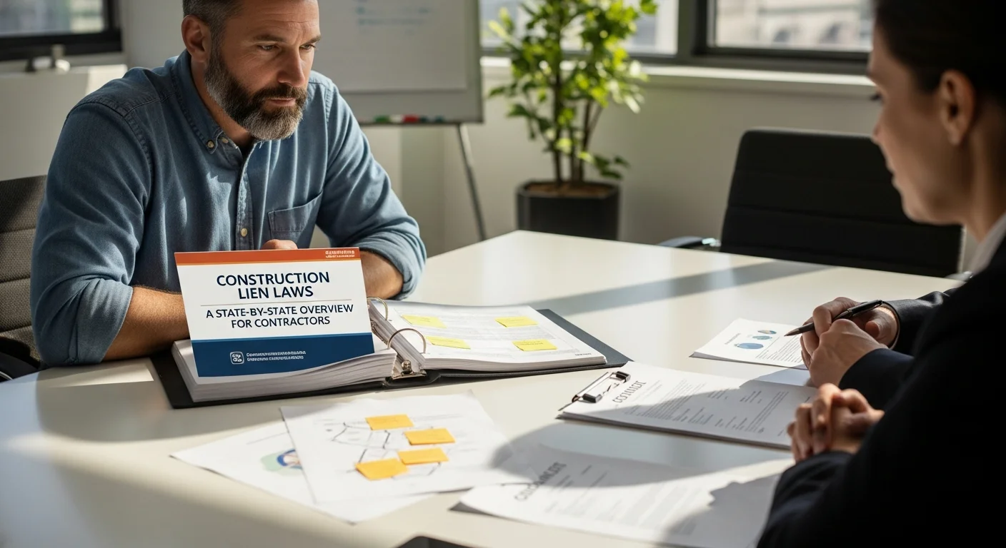 Contractor reviewing construction lien paperwork at a desk
