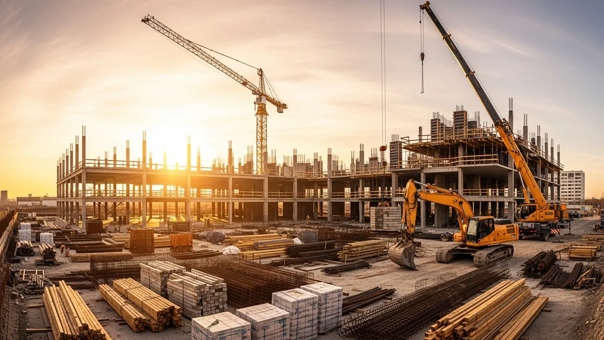 Commercial loading dock with dock levelers and overhead doors during construction