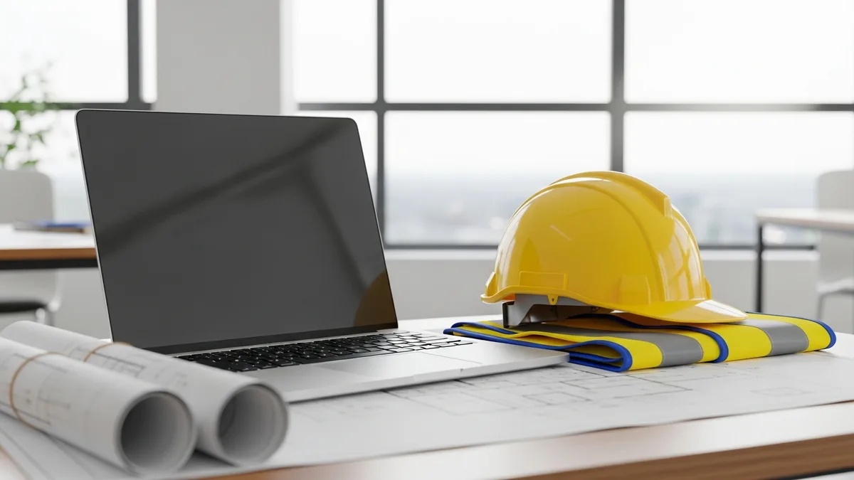 Contractor using a laptop on the job site