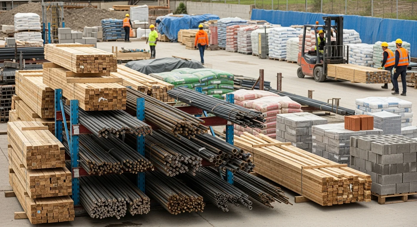 Construction materials organized on a job site with lumber, pipes, and supplies