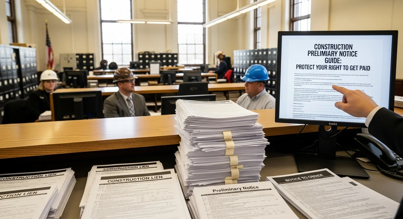 Contractor reviewing preliminary notice paperwork at a desk