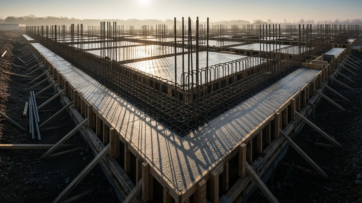 Precast concrete panel being lifted by crane during installation on a commercial building site