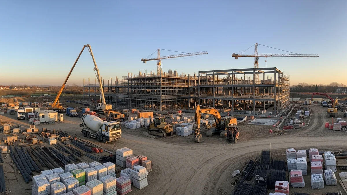 Construction crew working efficiently on a well-organized job site