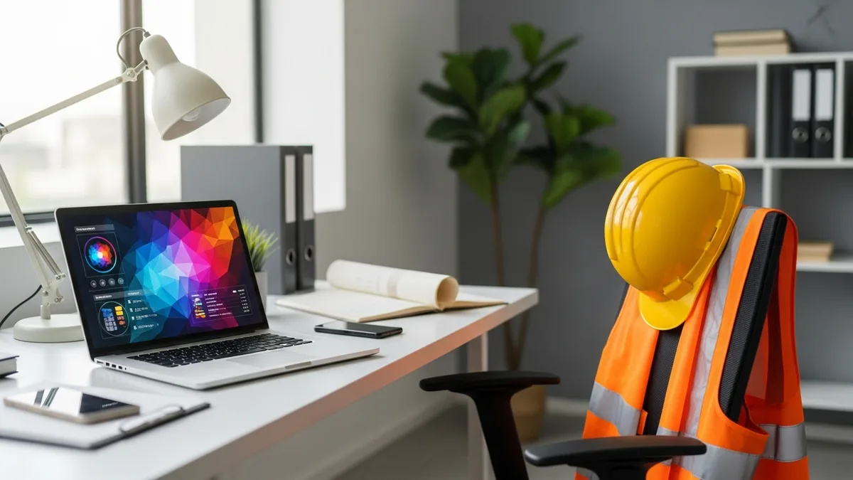 Construction contractor reviewing project closeout documents on a clipboard at a finished job site