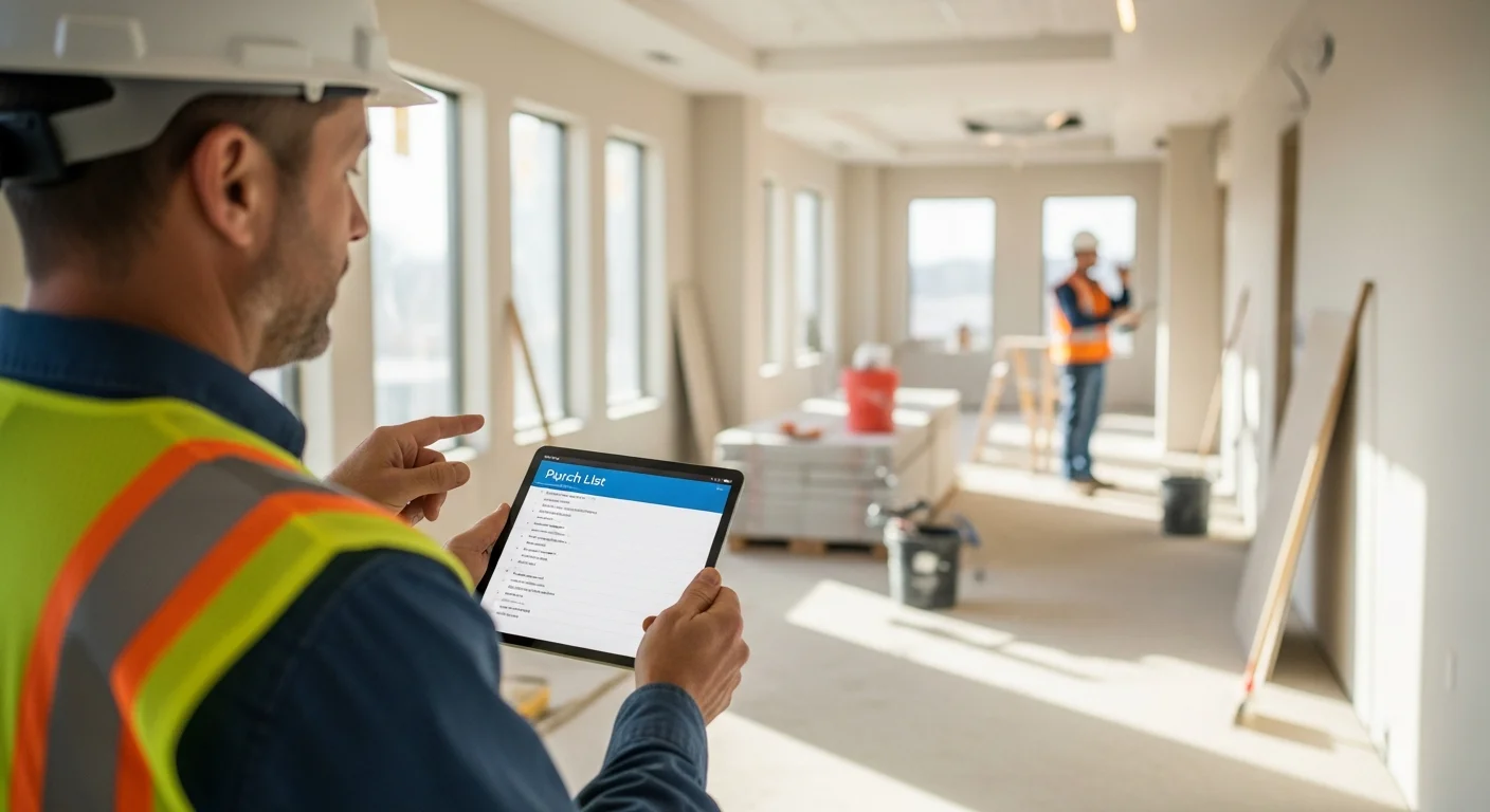 Contractor reviewing a construction punch list on a tablet at a job site