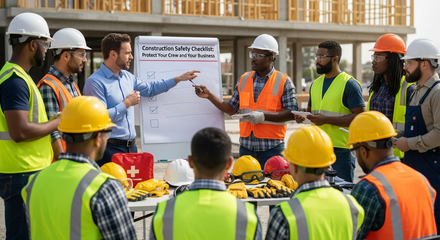 Construction workers wearing hard hats and safety vests on a jobsite