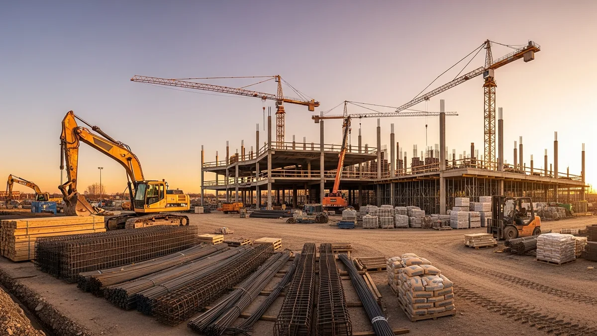 Construction site with safety signage and wayfinding markers