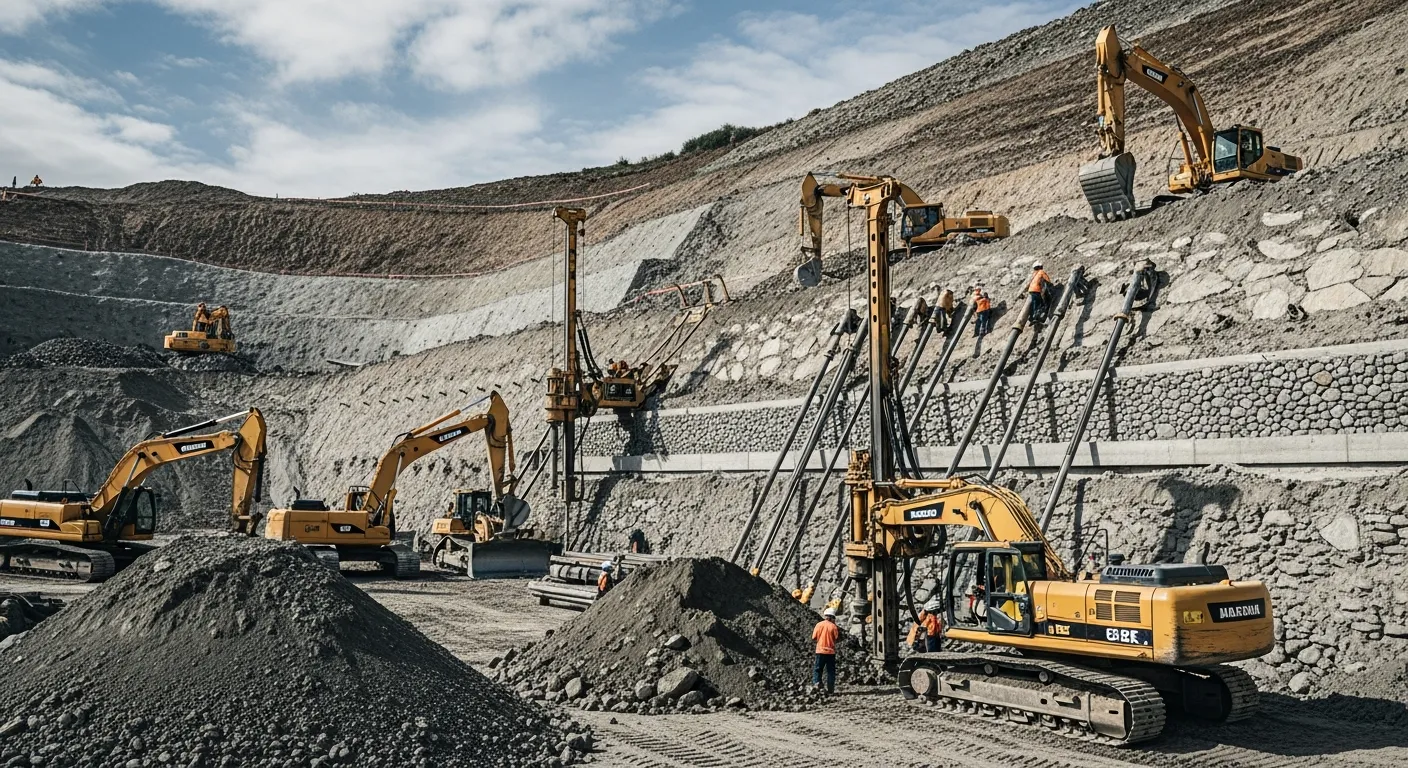 Soil nail wall and MSE retaining structure construction on a job site