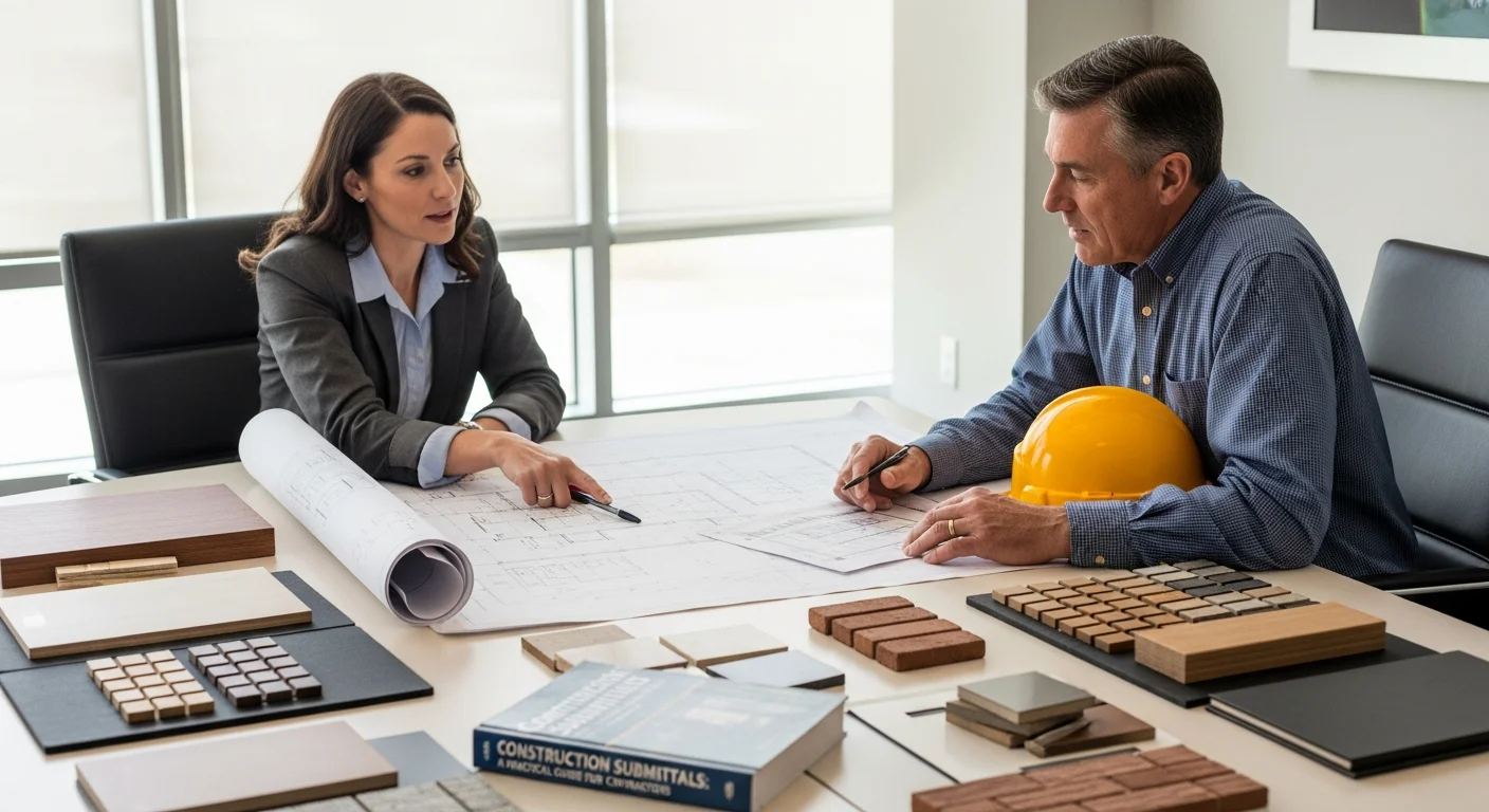 Contractor reviewing construction submittal documents with architectural drawings spread on a table