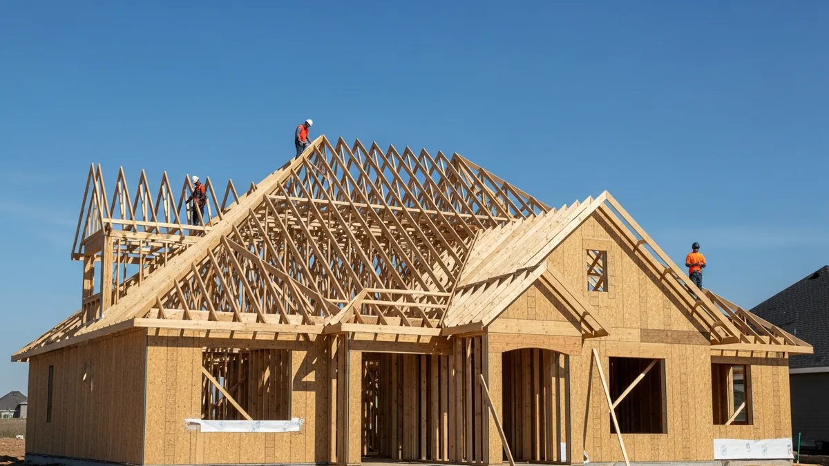 Construction site with rain puddles and a crew assessing weather delay conditions