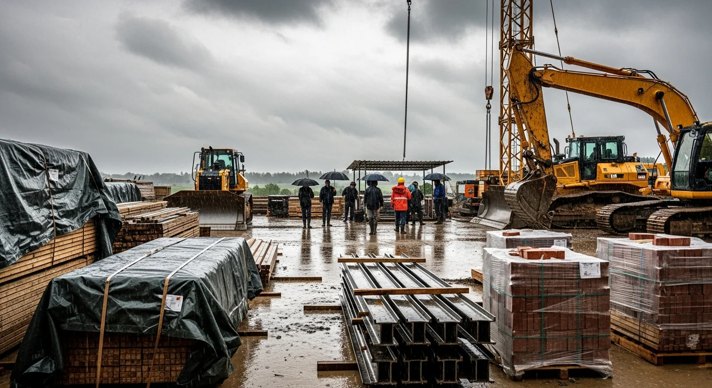 Construction site with rain clouds overhead and covered equipment