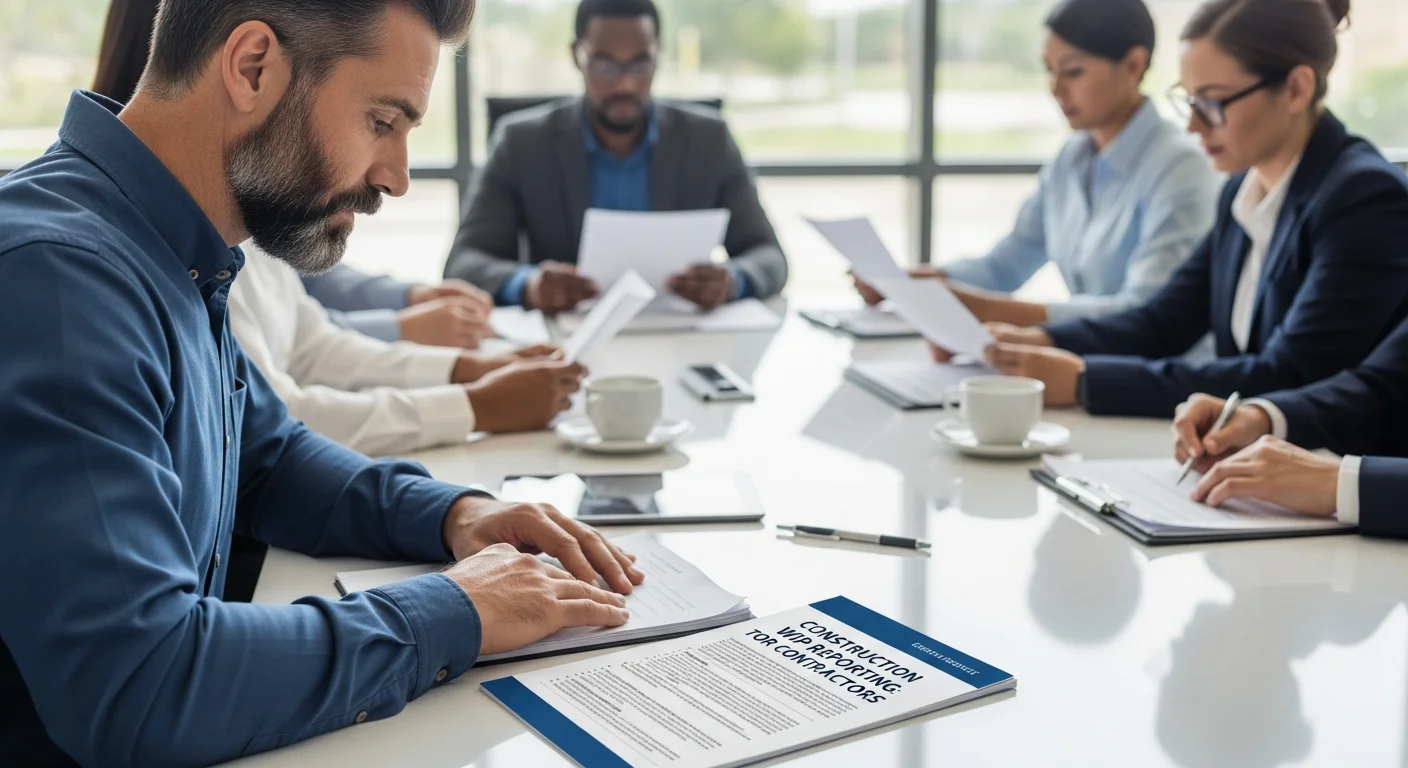 Construction project manager reviewing WIP financial reports at a job site office