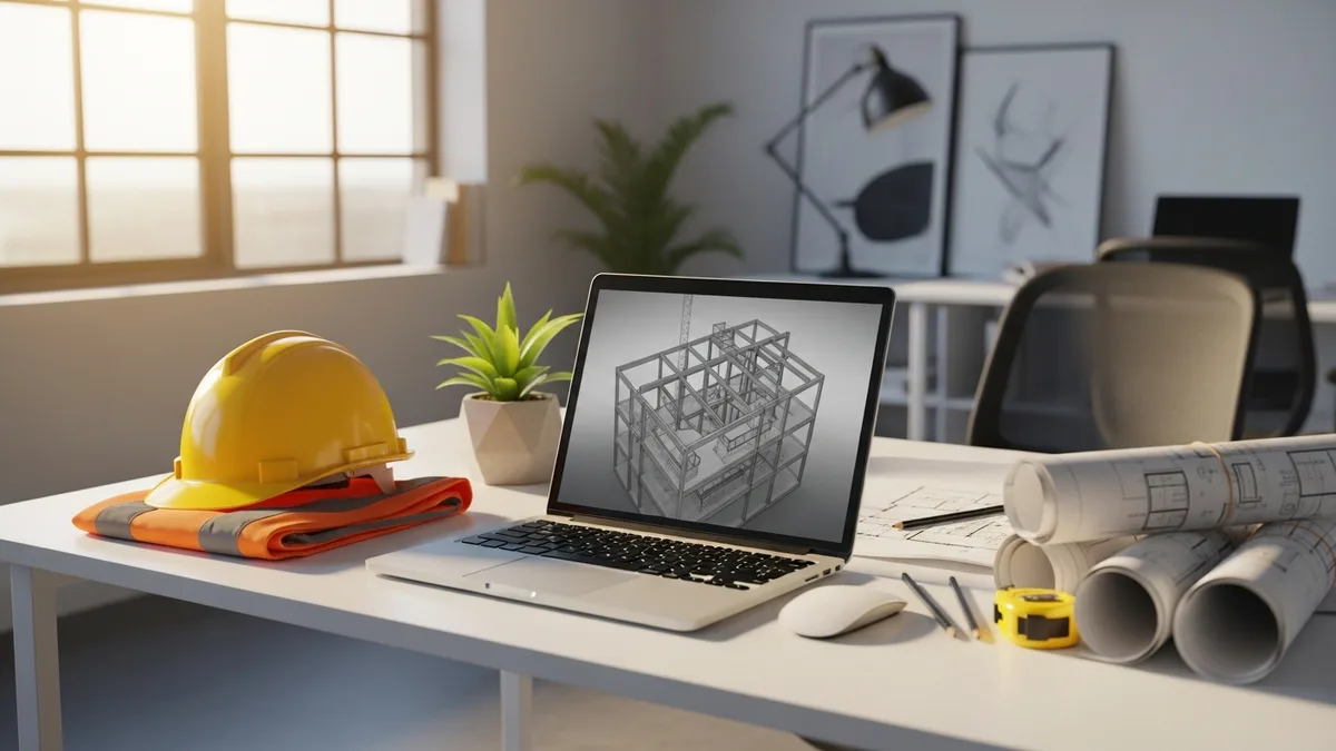 Project manager and contractor discussing on a job site. Project manager is holding a laptop.