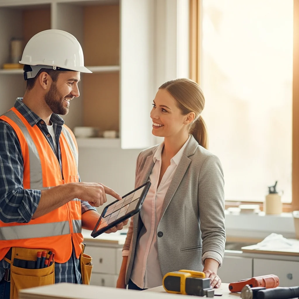Contractor reviewing material selections on a tablet with a client