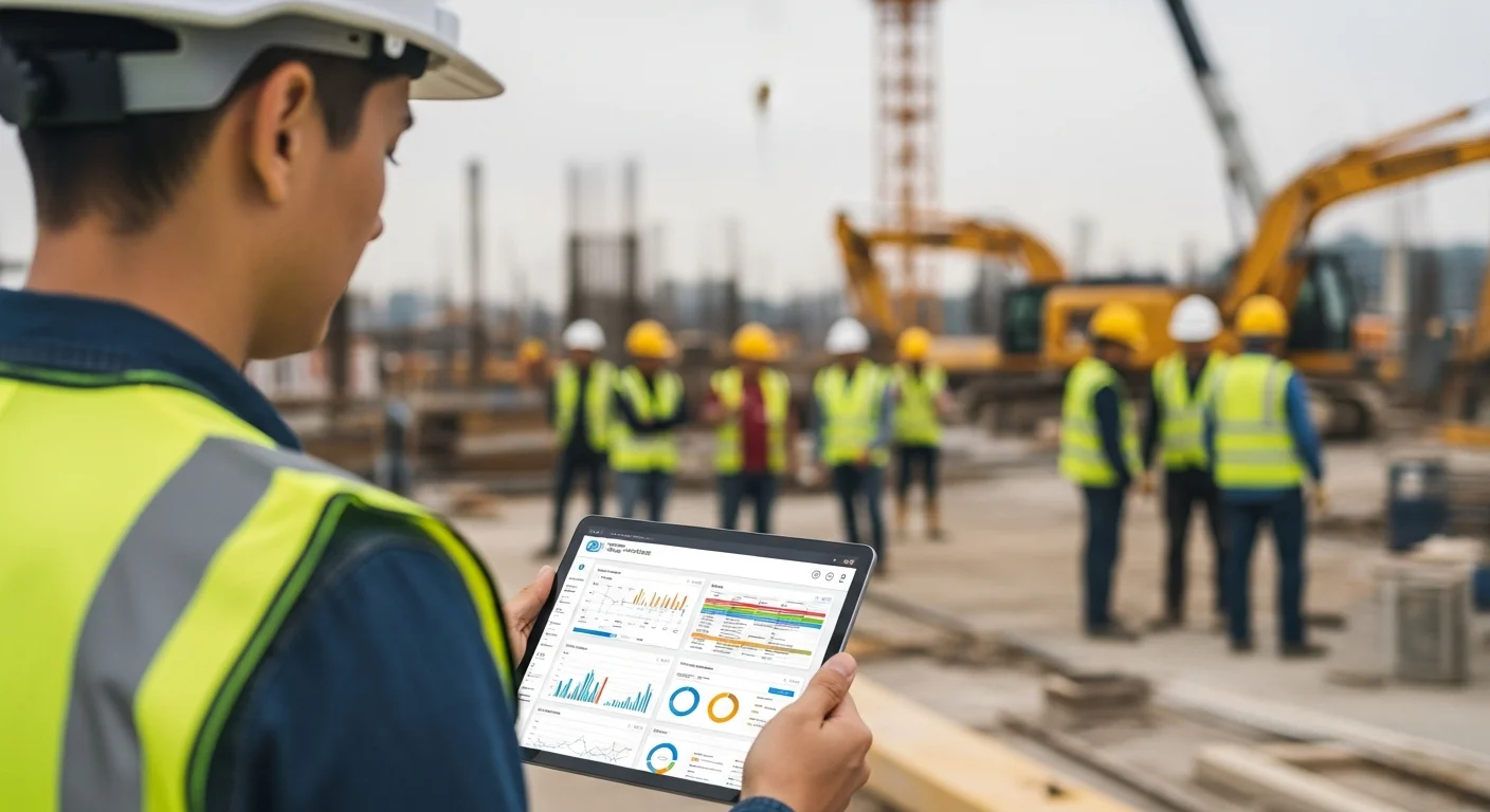 Contractor reviewing construction management software options on a laptop at a job site
