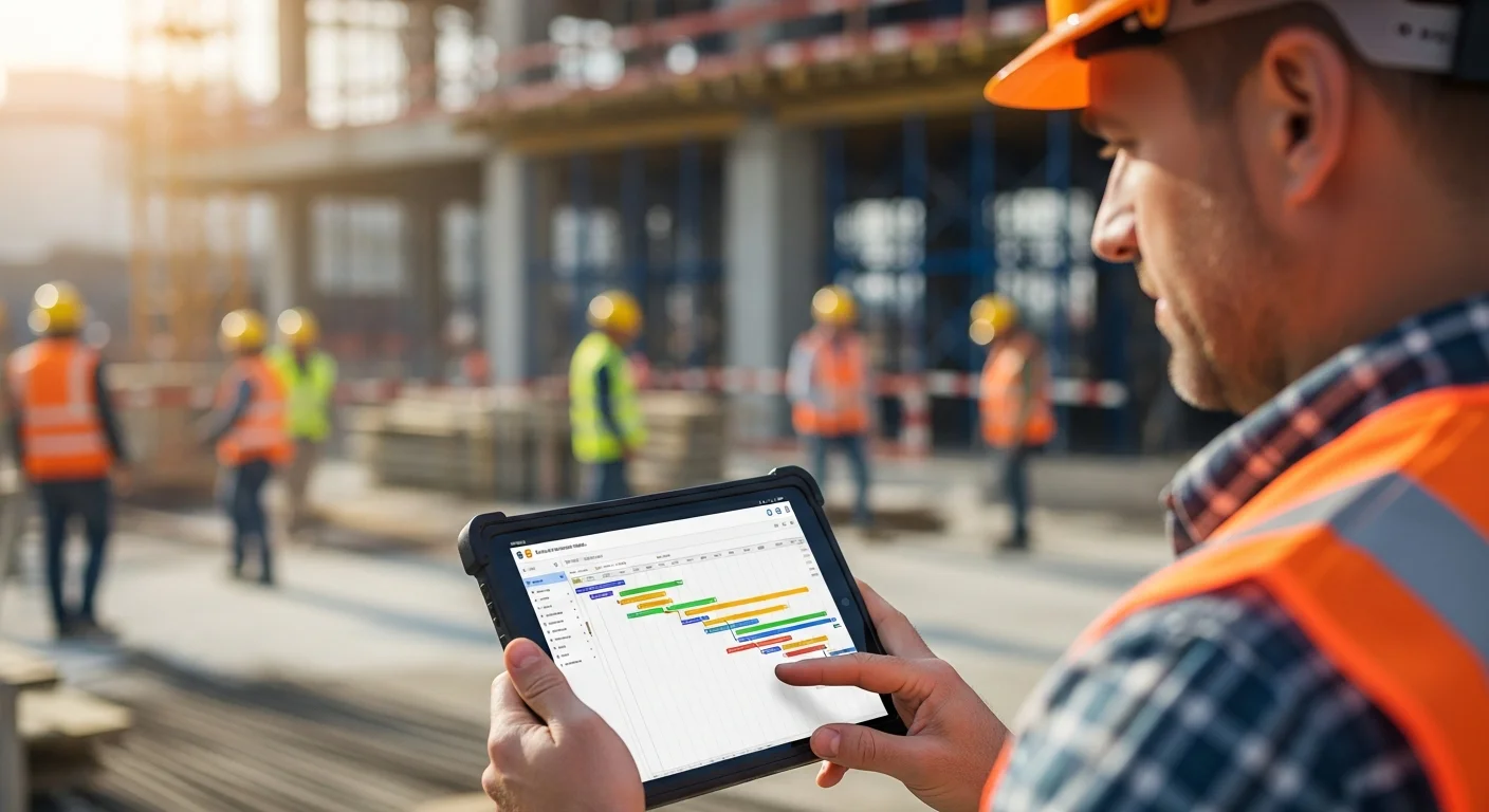 Construction project schedule displayed on a tablet at a job site