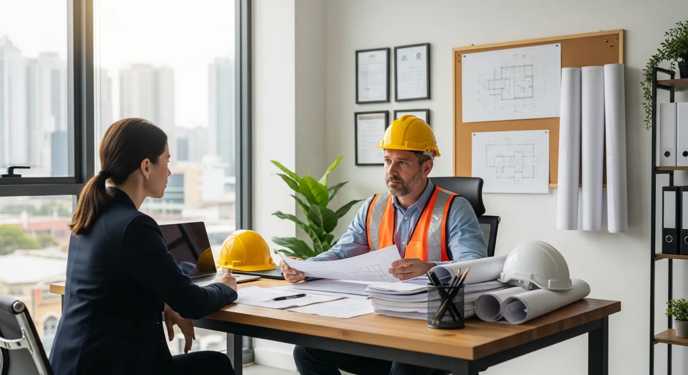 Construction contractor reviewing client paperwork at a desk