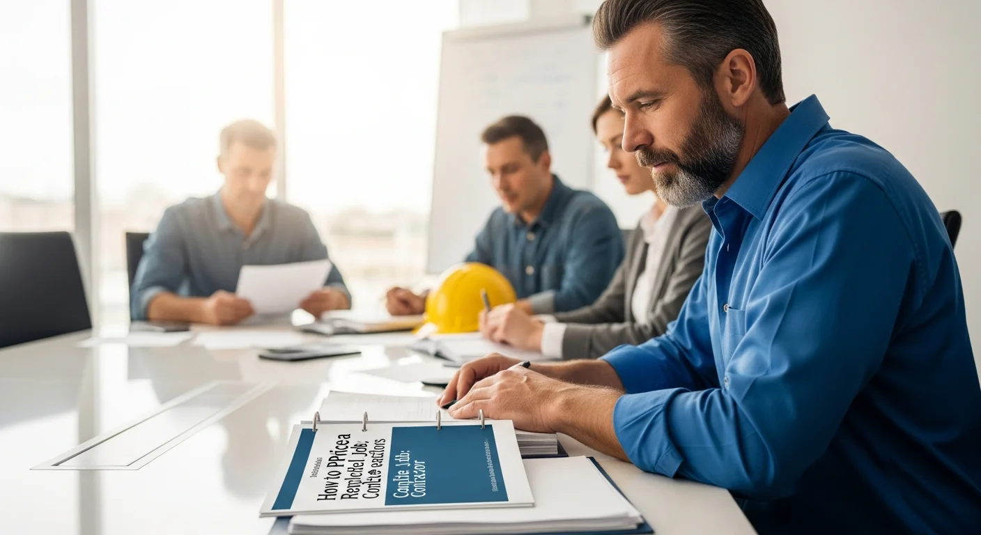 Contractor reviewing remodel job estimate with homeowner at kitchen renovation site